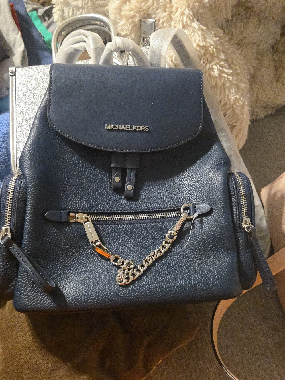 Michael Kors Navy Pebbled Leather Backpack with Gold Chain Detail